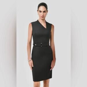 Forcast Elka Belted Pencil Dress in Black | Asymmetrical Neckline Midi